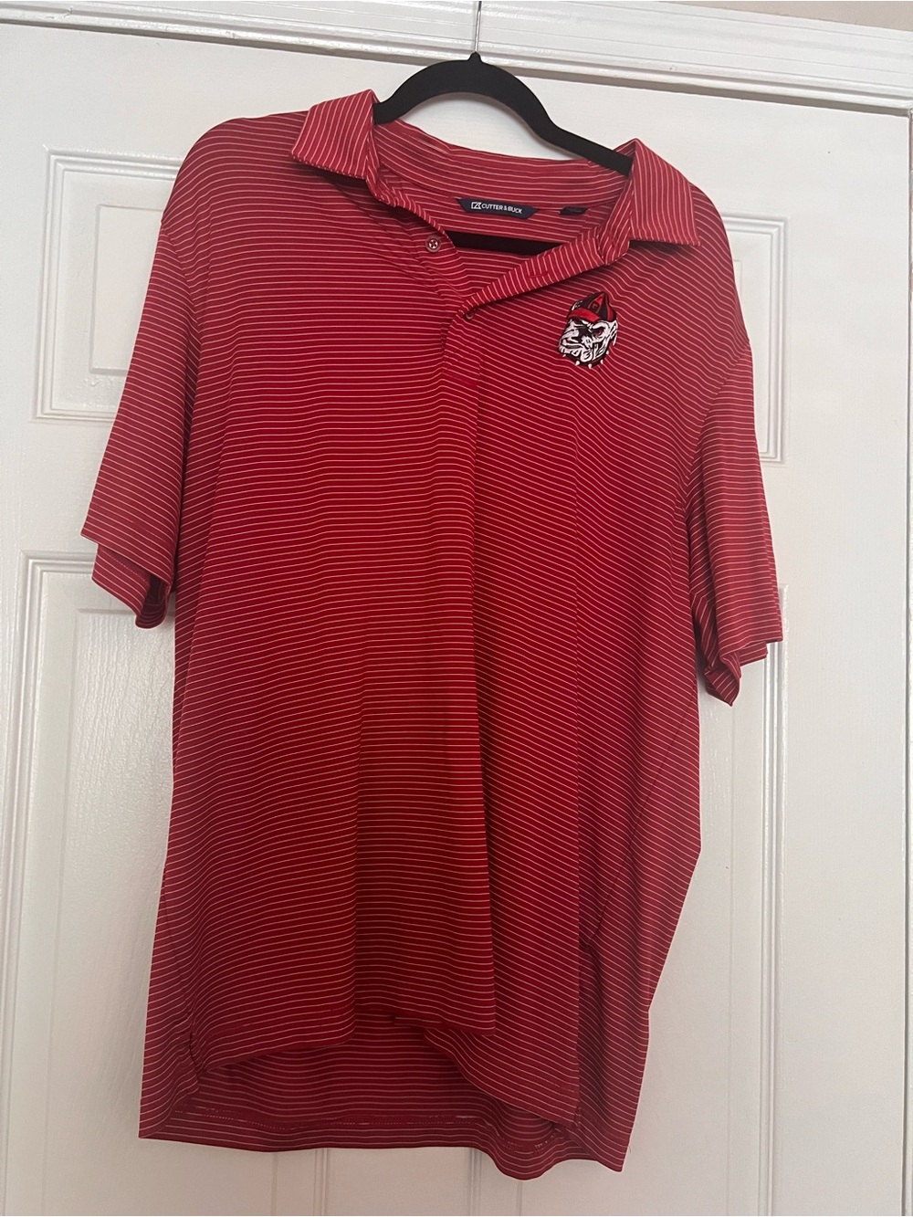 Cutter & Buck Red Narrow-Striped Polo with Embroidered Mascot